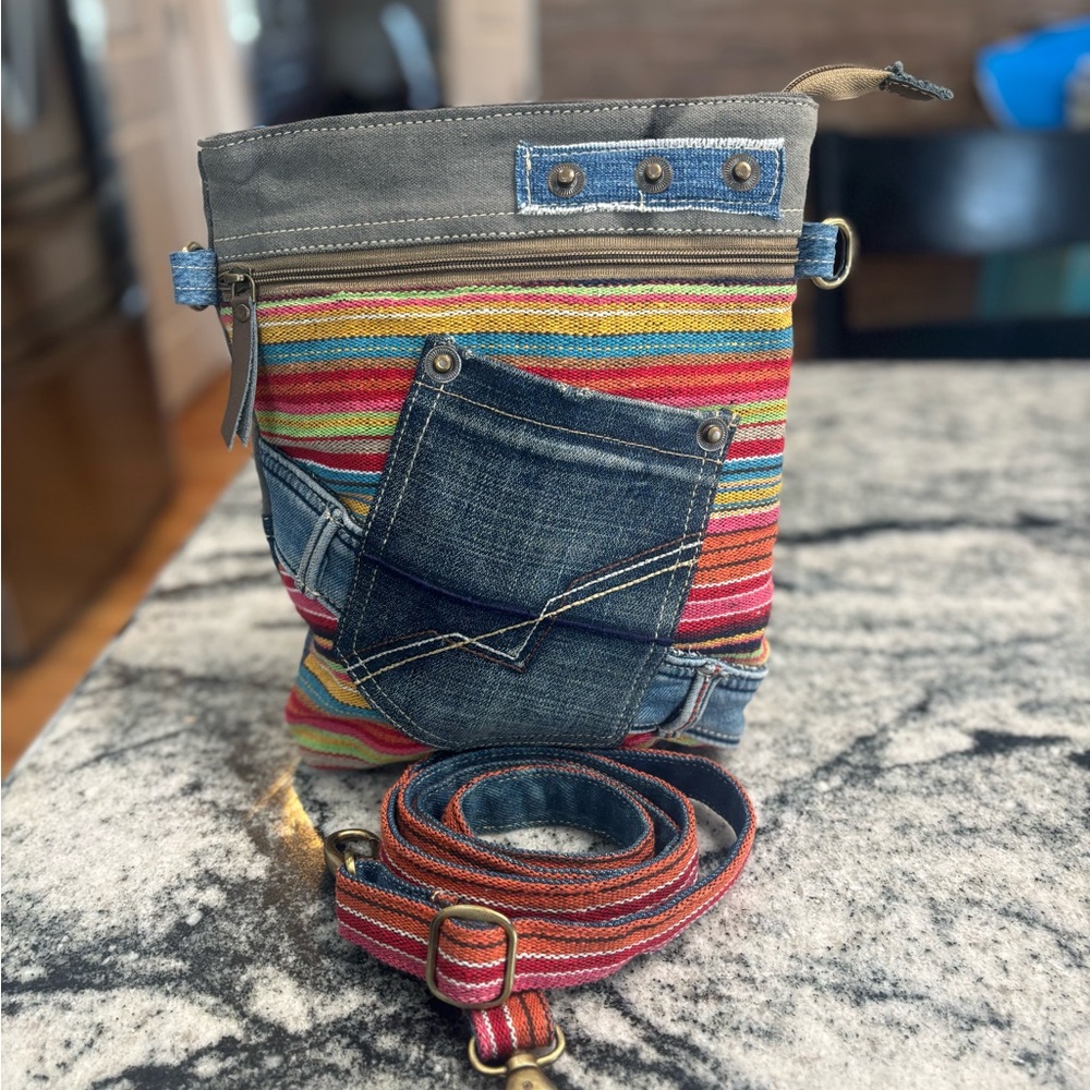 Colorful Striped Crossbody Bag with Denim Accents